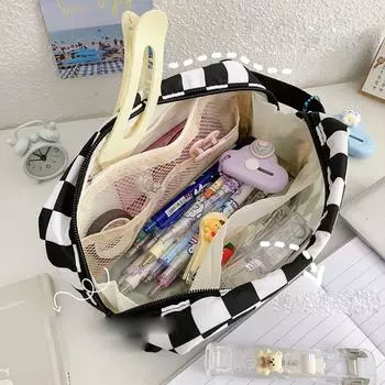 Простые канцелярские принадлежности для шахматной доски, большая вместимость, школьные принадлежности, пенал, пенал, настольный органайзер, клетчатая сумка для карандашей