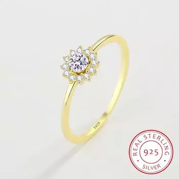 Простые кольца со снежинками для женщин, настоящее серебро S925, золото, кристаллы, цветы, свадебная вечеринка, ювелирные изделия, подарок 6 золотой