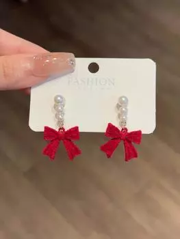 Простые красные и черные банты из жемчуга, плюшевые, легкие, роскошные, темпераментные, высококачественные серьги-гвоздики