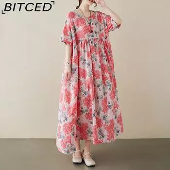 Простые летние новые богемные платья с короткими рукавами в стиле литературного сада One Size розовый