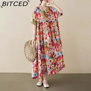 Простые летние новые литературные платья большого размера в деревенском стиле для женщин One Size красный