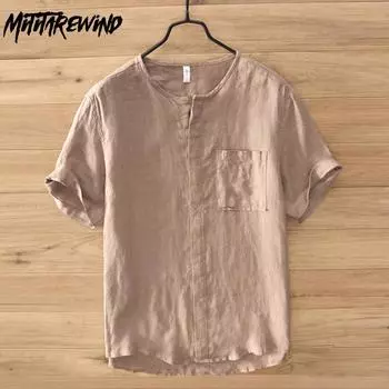 Простые летние топы и футболки для мужчин, 100% льна, футболка с коротким рукавом, дышащая пляжная свободная футболка, воротник-стойка, однотонные футболки с карманом M белый