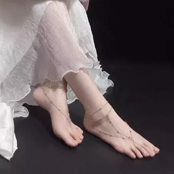 Простые медные металлические бусины, цепочка на ножной браслет, соединяющий браслет на ногу и палец, браслеты для босиком для женщин, пляжные креативные украшения золотой