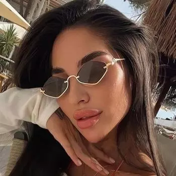 Простые металлические трендовые солнцезащитные очки для женщин, маленькие полуоправы, полигональные солнцезащитные очки для отдыха на открытом воздухе серый/золотой