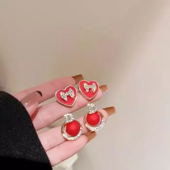 Простые милые красные геометрические серьги-гвоздики со стразами, новые серьги в корейском стиле, ювелирные изделия