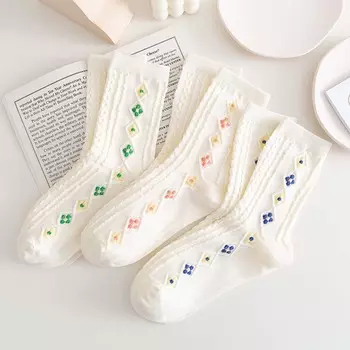 Простые милые японские белые хлопковые носки для девочек в стиле Лолиты, средние носки-трубы, женские носки с цветочным принтом розовый