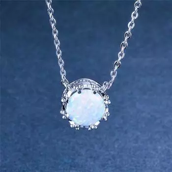 Простые модные круглые каменные подвески с белым голубым опалом, ожерелья для женщин, винтажные стильные серебряные 925 пробы, корона, помолвочное ожерелье, подарок 45cm