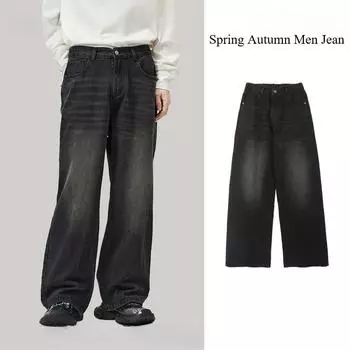 Простые мужские джинсовые брюки, повседневные, стираные, однотонные, мужская одежда, со средней посадкой, прямые, широкие, свободные мужские джинсы 2025 года, весна-осень S светло-синий