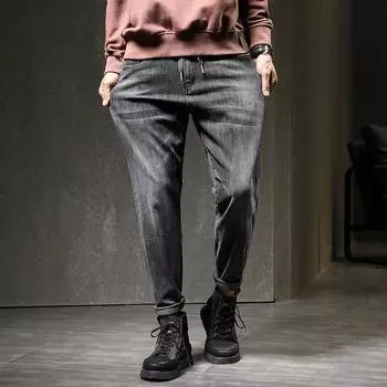 Простые мужские джинсы, свободные эластичные джинсы, модные брендовые мужские брюки на шнуровке 28