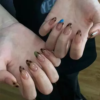 Простые накладные ногти, синие и зеленые леопардовые накладки, съемные маникюрные накладки, французский маникюр, накладки для ногтей