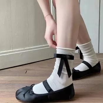 Простые носки с бантом из ленты, хлопковые носки Balletcore Bow Sock, милые школьные носки black-bow