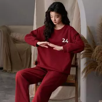 Простые однотонные пижамные комплекты для женщин с длинными рукавами и длинными брюками на осень-зиму, повседневная одежда для сна, мягкая пижама, уютная пижама для девочек M