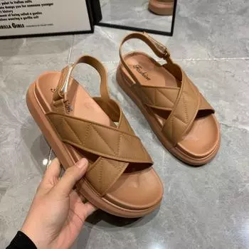 Простые однотонные женские сандалии с перекрестными пуговицами, летние женские тапочки на толстой подошве для отдыха на море 36 розовый