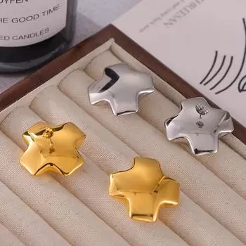 Простые полированные крестообразные серьги из титановой стали с покрытием из настоящего золота 18 карат, квадратная дугообразная поверхность, не выцветающие серьги