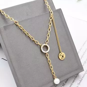 Простые повседневные аксессуары с цепочкой для футболки «Сотня башен» О-цепочка из титановой стали Золотая удерживающая цепочка на ключицу Кулон с жемчугом в стиле поп золотой