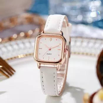 Простые повседневные кварцевые часы для женщин Ins Inspired Square Shape Wristwatch с кожаным ремешком белый