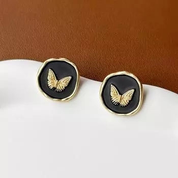 Простые ретро черные круглые серьги-гвоздики премиум-дизайна с бабочками
