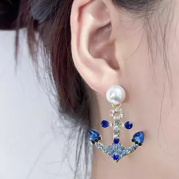 Простые ретро креативные модные серьги с жемчугом якорь женские, сплав золота инкрустированный цветными бриллиантами полные бриллиантов геометрические серьги