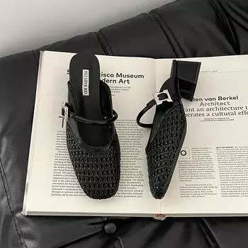 Простые ретро сетчатые однословные туфли-шлепанцы на толстом высоком каблуке, летние, с темпераментом, плетеные, универсальные, с мягкой подошвой, сандалии, женская обувь 35