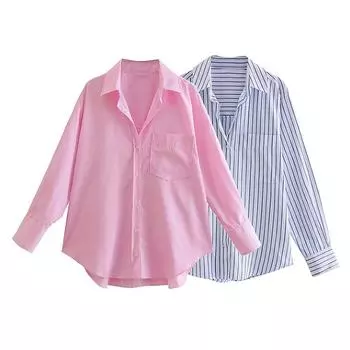 Простые рубашки в полоску с длинным рукавом, женские 2024, весна-лето, новая розовая синяя блузка, офисные женские топы, однобортные блузки с отложным воротником XS розовый