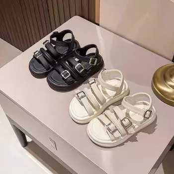 Простые сандалии для девочек, детская мода, летние пляжные, нескользящие, детские, с металлической пряжкой, повседневные, дышащие, однотонные, классные 26 чёрный