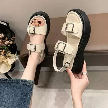 Простые сандалии Muffin на толстой подошве, женские, лето 2025, новые, с пряжкой на ремне, универсальные, корейская версия, студенческие, повседневные, римские туфли, прилив 35