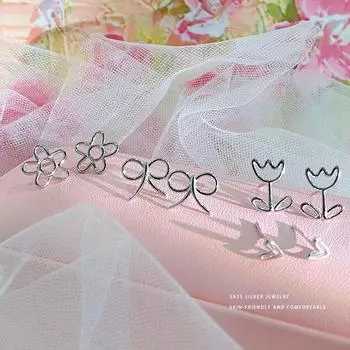 Простые серьги-бантики в виде тюльпанов с подвесками в виде бантиков для девочек