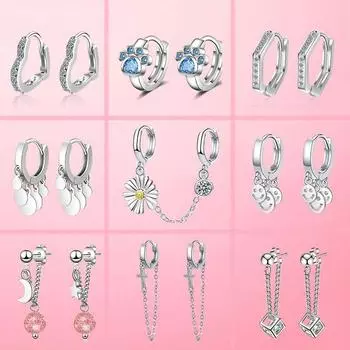 Простые серьги-кольца серебряного цвета с изображением лапы, ромашки и сердца, звезды и луны, два отверстия в ухе, серьги-кольца, цепочки для женщин, ювелирные изделия для девочек
