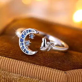 Простые серебряные кольца с луной и звездами для женщин и девочек, модные регулируемые украшения с голубым цирконием и кошкой серебряный/синий