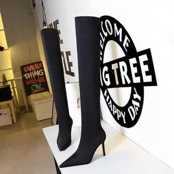 Простые сексуальные узкие сапоги выше колена из эластичной лайкры в европейском и американском стиле на высоком каблуке с острым носком 34 чёрный