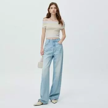 Простые широкие джинсы высокого качества для женщин, брюки в пол из лиоцелла 25 светло-синий