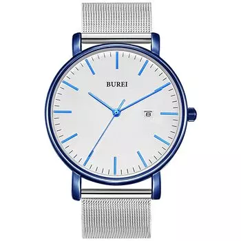 Простые стильные брендовые популярные ультратонкие легкие аналоговые часы деловые водонепроницаемые кварцевые наручные часы [BUREI] мужские сине-белые