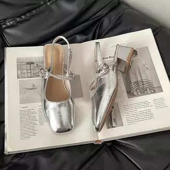 Простые туфли Мэри Джейн с квадратным носком и толстым каблуком, женские новые летние туфли-лодочки со стразами, сандалии с закрытым носком 35