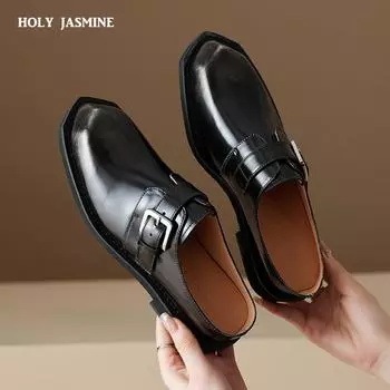 Простые туфли женские из натуральной кожи коровьей кожи на низком каблуке, базовый стиль, мюли для девочек, квадратный носок, повседневные тапочки, повседневная одежда 34 чёрный