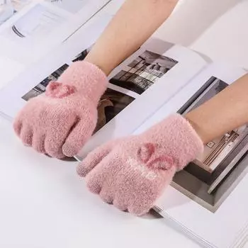 Простые уличные теплые перчатки со всеми пальцами, толстые варежки с кроличьими ушками, женские перчатки хаки