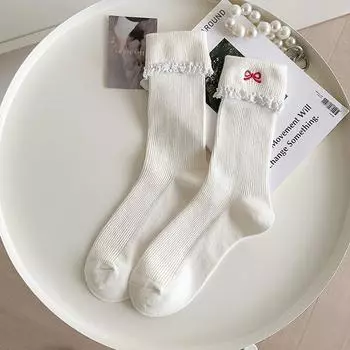 Простые универсальные девичьи хлопковые носки с кружевом и бантом, милые носки, повседневные дышащие влагоотводящие носки средней длины, аксессуары, подарки