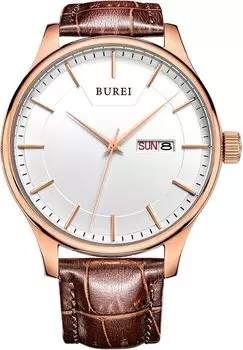 Простые водонепроницаемые аналоговые наручные часы с кожаным ремешком от бренда Business Quartz [BUREI] Мужские мужские (Матовый белый)