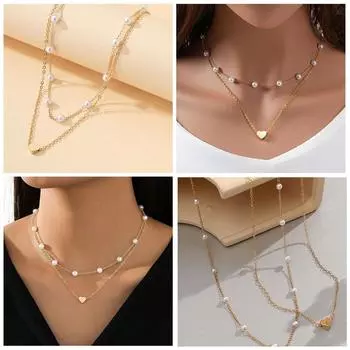 Простые жемчужные колье-чокер для женщин, модные двойные оптовые продажи, маленькие цепочки в форме сердца, кулон V8Q2 Golden-One size