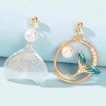 Простые жемчужные серьги Хвост дельфина и кита Асимметричные серьги Персонализированные серьги-гвоздики Русалка золотой