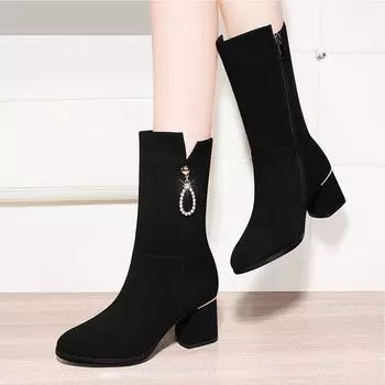 Простые женские ботинки Frosted Simple 2024 года, осенне-зимние, на среднем каблуке, с круглым носком, универсальные, со средним рукавом, с нескользящей обувью 35 чёрный