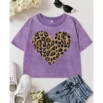 Простые женские футболки с принтом сердец и леопардовым принтом, модные повседневные футболки с коротким рукавом, хлопковые кроп-топы M