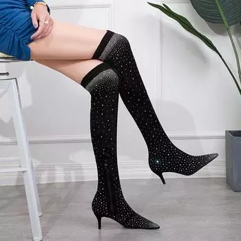 Простые зимние сапоги на тонком каблуке, замшевые, с острым носком, тонкие бархатные сапоги до колена 34