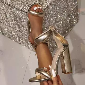 Простые золотые босоножки женские с острым носком на молнии на толстом высоком каблуке для вечеринок на пилоне, большой размер 36-42 36