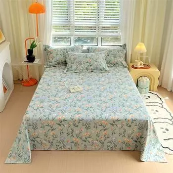 Простыни из необработанного хлопка в зеленую клетку для двуспальной кровати, всесезонное покрывало, полный комплект, простыни с плоским верхом размера Queen/King без наволочки 160x230cm 1pc