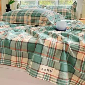 Простыни из необработанного хлопка в зеленую клетку для двуспальной кровати, всесезонное покрывало, полный комплект, простыни с плоским верхом размера Queen/King без наволочки 200x230cm 1pc