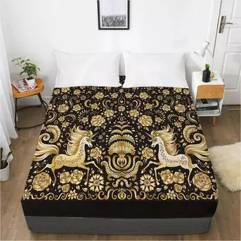 Простыни наматрасник с резинкой, постельное белье, простыня, 90x200, 180x200, 200x220, размер, 3D-печать, черный, золотой 72x84 Deep 16in