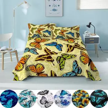 Простыни с принтом бабочки, мягкие, удобные для кожи плоские простыни для декора спальни, покрывала королевского размера для девочек и взрослых 243x167cm(1Pc)