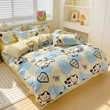 Простыня Ins Wind Комплект из четырех предметов, стираный хлопок, общежитие, кровать из трех предметов, пододеяльник для студентки, комплект односпальных постельного белья 4 1.2m bed