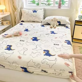 Простыня из 100% хлопка на эластичном наматраснике с милым принтом динозавра для детей, постельное белье из чистого хлопка с героями мультфильмов (без наволочки) 90x200cm 1pc