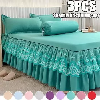 Простыня из 3 предметов с 2 наволочками, однотонная юбка-кровать, мягкое покрывало, дышащее покрывало, кружевная простыня, комплект постельного белья 100x200cm 3PCS